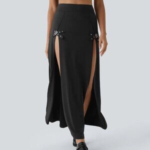 Halara High Waisted‎ Decorative Buckle Split 2-in-1 Maxi Skirt Black Small NWT